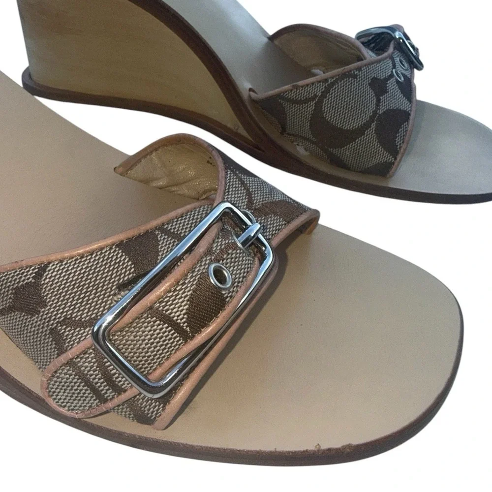 Y2K Coach Wooden Wedges Signature Jacquard Canvas Kitten Heel Soho Buckle Sz 9.5